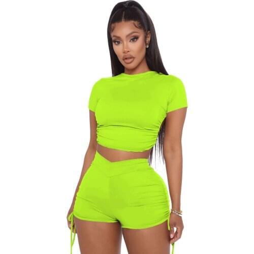 Neon Green Casual Sportswear Athleisure Two Pieces Set 2021 Solid Backless Crop Top and Ruched Drawstring Short Summer Outfits
