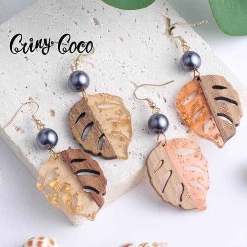 Cring Coco Leaf Earrings Fashion Wood Pearl Earrings Jewelry Original Design Resin Splicing GreenDrop Dangling Earring for Women