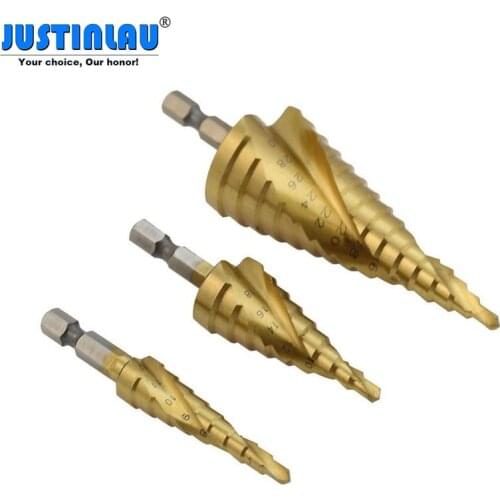 JUSTINLAU 3pcs/set HSS Spiral Grooved Step Cone Drills Bits Set Hole Cutter Tool 4-12/20/32mm