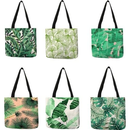 Flesh Style Women Totes Tropical Green Plant Leaves Prints Hand Bags Eco Linen Girls School Office Decorative Shoulder Bag