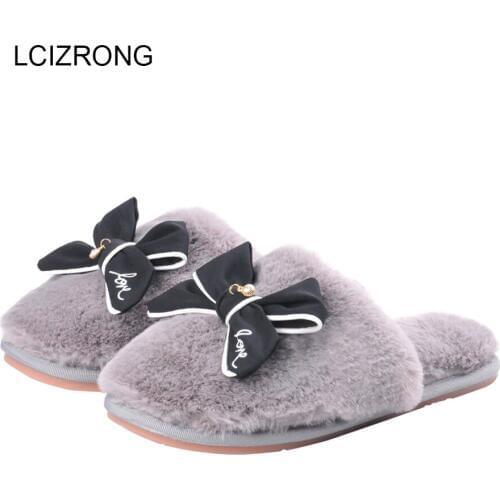 LCIZRONG Winter Faux Fur Plush Slippers Women Warm Sweet Butterfly-knot Home Slippers Comfortable Black Gray Pink Girl Slippers