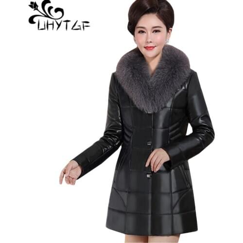 UHYTGF Quality genuine leather winter leather jacket womens fashion fox fur sheepskin down jacket Female coat 6XL plus size 800