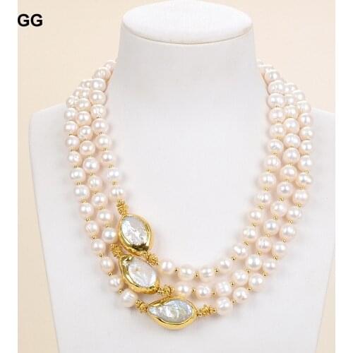 GuaiGuai Jewelry 3 Strands 18''-21'' Natural White Pearl Gold Color Plated Keshi Pearl Necklace
