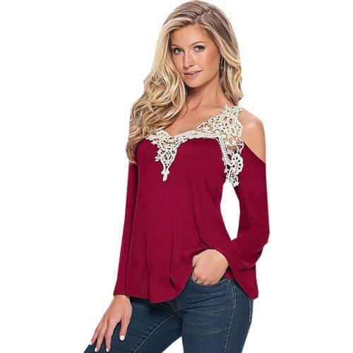2017 Loose Elegant T Shirt Women Deep V Long Sleeve Shirts Lace Crochet T-shirts For Women Female Off Shoulder Casual Tops Tees