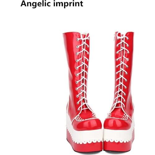 Angelic imprint mori girl Women motorcycle shoes lady high wedges heels lolita punk boots woman princess dress pumps lacework 47
