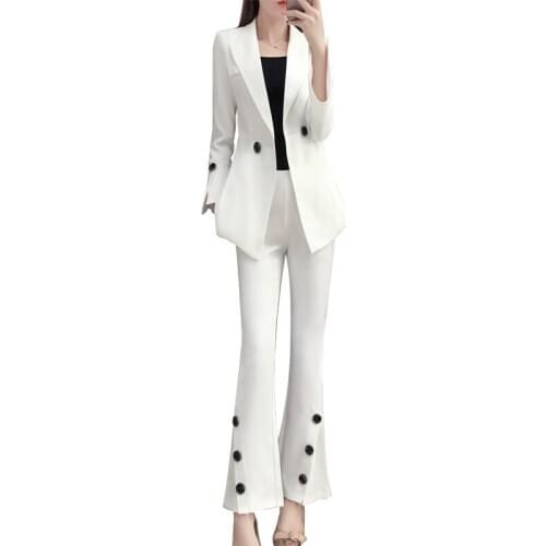2018 spring and autumn fashion womens quality new Slim white suit suit ladies temperament was thin bell pants two / sets TB1860