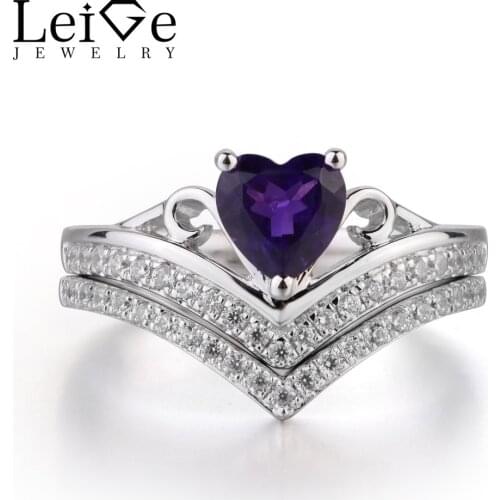 LeiGe Jewelry Natural Amethyst Rings Unique Proposal Rings February Birthstone Heart Cut Anniversary Ring 925 Sterling Silver