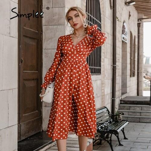 Simplee Office lady pleated long-sleeve dress polka dot Elegant high waist wrap midi dress Holiday button ruffle v-neck vestidos