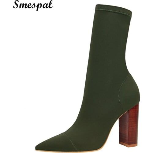 Winter Boots Women Fashion Ponited Toe Boots Simple Square Heel Stretch Fabric Boots