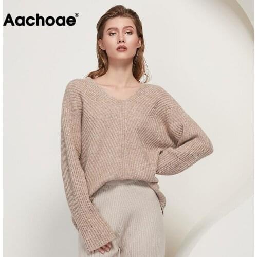 Aachoae Casual Loose Knit Sweater Women V Neck Stripe Pullover Tops Batwing Long Sleeve Solid Lady Sweaters Jumper Pulls Femme