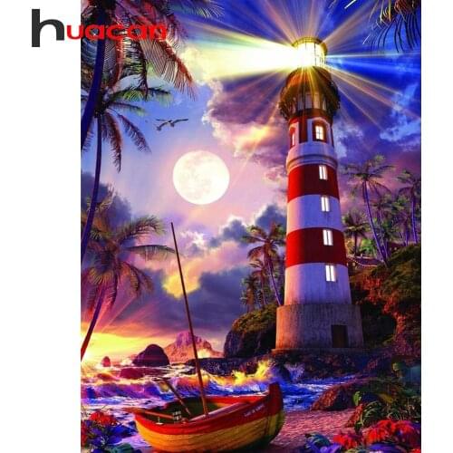 Huacan 5D DIY Diamond Painting Lighthouse Full Diamond Embroidery Mosaic Landscape Rhinestones Decoration Home