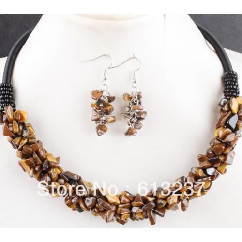 Free Shipping new 2014 Fashion 6X4MM Tiger Eye Chip Beads Rope Charm Necklace & Earring 1 SET GE1168