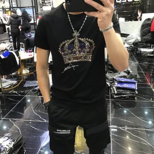 Crown Hot Diamond Fashion Heavy Print T-shirt For Men 2021 Camisetas Hombre Social Tshirt High Quality T Shirt Men Rhinestones