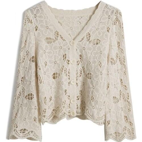 Hollow Out Knitted Solid Women Cardigan Autumn New 2021 V-Neck Flare Sleeved Loose Casual All Match Female Outwear Tops