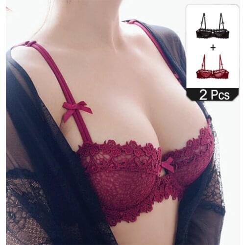 2 Pieces Lace Bras For Women Transparent Sexy Lingerie Plus Size Half Cup Mesh Brassiere Ultra Thin See Through Bra Top A B C D