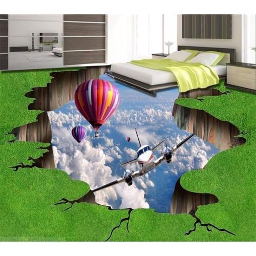 Beibehang Creative grassland hot air balloon plane 3d floor living room bedroom bathroom 3d floor photo mural papel de parede