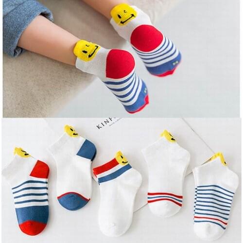 5 Paris Summer Children Socks Cotton Cute Smiling Face Baby Socks Kids Funny Cartoon Stripe Color Matching Socks Spring Autumn