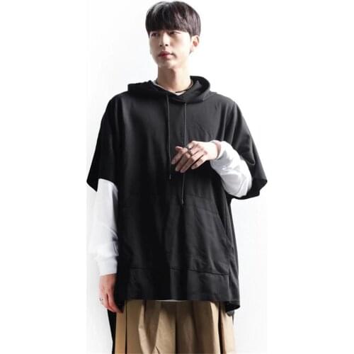 Summer mens new short-sleeved cape hooded T-shirt irregular personality casual fashion loose large short-sleeved T-shirt