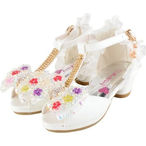 2018 summer new girls sandals childrens high heels Korean fish head lace lace dance princess shoes crystal shoes EU 26-37