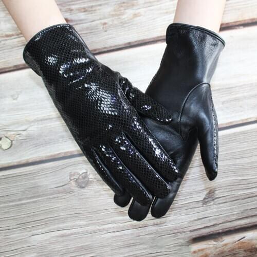 2020 New Women Fashion Keep Warm In Autumn And Winter Black Half Serpentine High Quality Sheepskin Genuine Leather Gloves