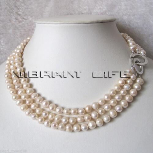 Wholesale price 17-19" 6-8mm 3Row White Freshwater Pearl Necklace Natural Color