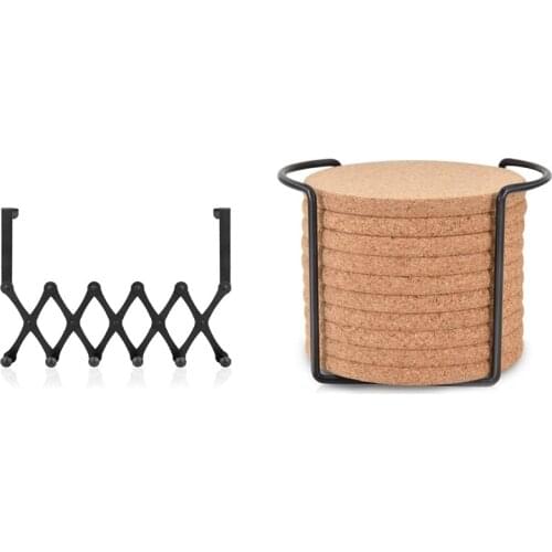 Round Cork Coasters,And Metal Holder Storage Caddy With Expandable Over The Door Hook Hanger,Over The Door Towel Rack
