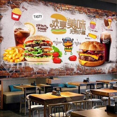 Custom Mural Wallpaper 3D Hand Painted Brick Wall Delicious Burger Fast Food Restaurant Tooling Background Wall Decor Wallpapers