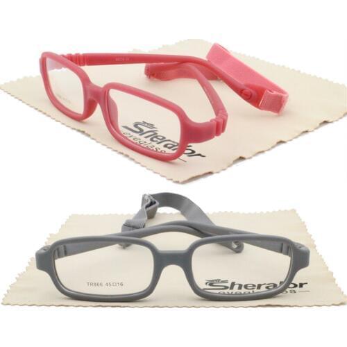 Durable 866 environmental TR90 bendable hingeless temple safety rectangle eyeglass frames with adjustable elastic strap for kids