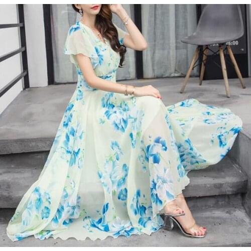 Bohemian Style S-5XL 2018 Summer New Arrival Collect Waist Flare Sleeve Flower Printed Woman Chiffon Long Dress