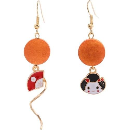 Japan dripping girl face makeup earrings womens jewelry drop fan wooden geometric asymmetric personality cartoon long earrings