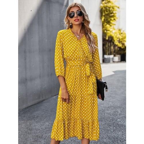 Yellow V Neck Ruffle Polka Dot Printed Ladies Dress Summer Slim Bohemian Beach Boho Night Club Party Dresses Womens Clothing
