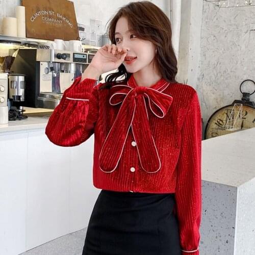 Women Bling Velvet Tops and Blouses Winter Celmia Autumn Long Sleeve Casual Shirts Retro Loose Button Female Party Office Blusas