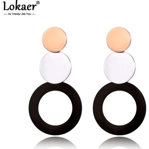 Lokaer Hyperbole Stainless Steel Black/Rose Gold Combined Circle Stud Earrings Bohemia Style Creative Jewelry For Women E19101
