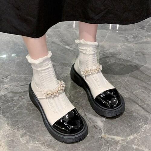 Lucyever Mix Color Pearl Mary Janes Women Round Toe Buckle Squae Heels Lolita Shoes Woman Thick Bottom Platform Casual Shoes