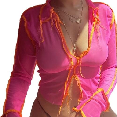 Women Long Sleeve Crop Tops Mesh See-through V-neck Split Tassel Tops Lady Summer Sexy Slim Clubwear