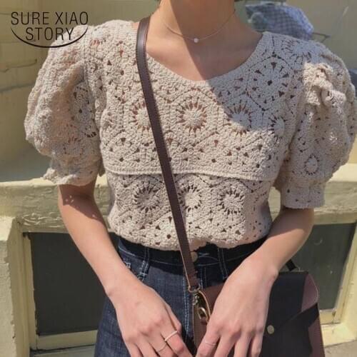2021 Spring and Summer Hollow Out Sexy O-neck Short Sleeve Women Tops new Solid Cotton Sweet Puff Sleeve Knitted Shirt Women