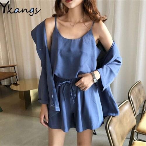3 Piece Sets Casual Solid Half Sleeve Sling Loose High Waist Shorts Women Single Breasted Long Blouses Korean Style Sets Female