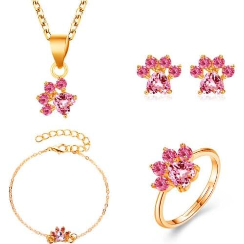 New Luxury Cute Cat Print Bridal Jewelry Sets Pink Crystal Alloy Adjustable Open Rings Earring Bracelet Necklace Sets For Women