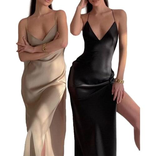 Summer Women Satin Silky Spaghetti Strap Split Long Dress Elegant Sleeveless Backless Club Party Beach Sexy Vestito 2021