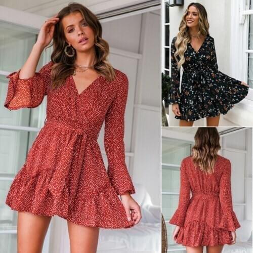 New Women Casual V Neck Long Sleeve Printing Knee Length Dress Floral/Dots Pattern Dress Casual Fashion