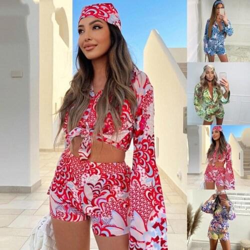 3pcs/Set Bohemian Shorts Set Women Casual Single-breasted Long Sleeve Shirts Wide Leg Shorts+ Headband Scarf Women Beach Outfits