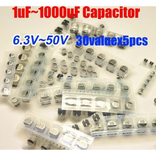 30valuesX5pcs=150pcs SMD 1uF~1000uF Aluminum Electrolytic Capacitor 6.3V~50V Assortment Kit for Computer Motherboard Graphics