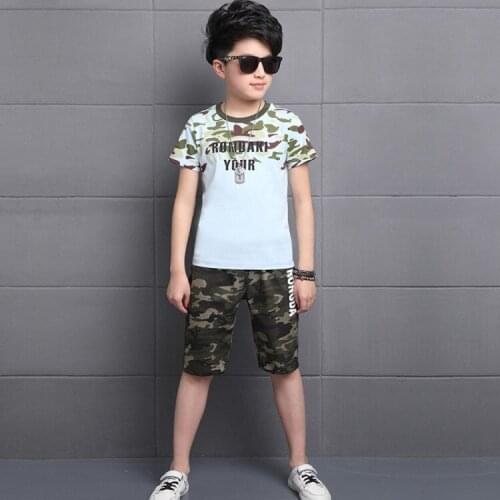 Kids boys summer 2pcs sports suit camouflage print short-sleeved T-shirt new five pants big virgin suit