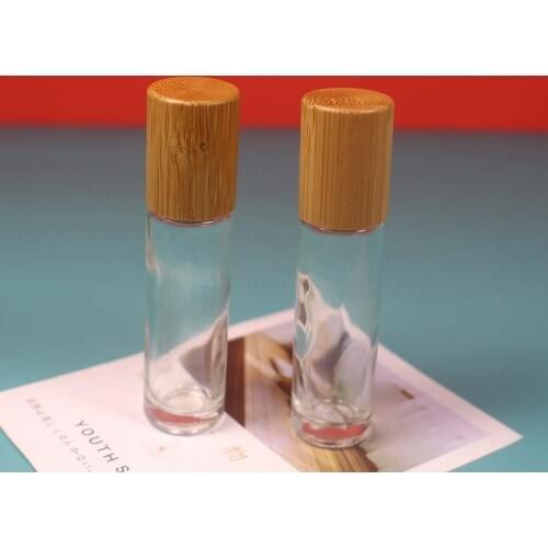 5pcs 10ml Thick clear Glass Essential Oil Roll On bottle with bamboo Wood lid /Metal Roller Ball for Perfume Aromatherapy