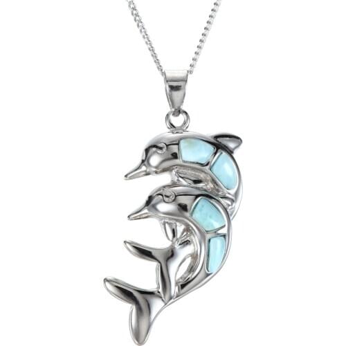 Hot Selling Ocean Jewelry Lovely Double Dolphin Natural Larimar Pendant 925 Sterling Silver Pendants for Women Gift