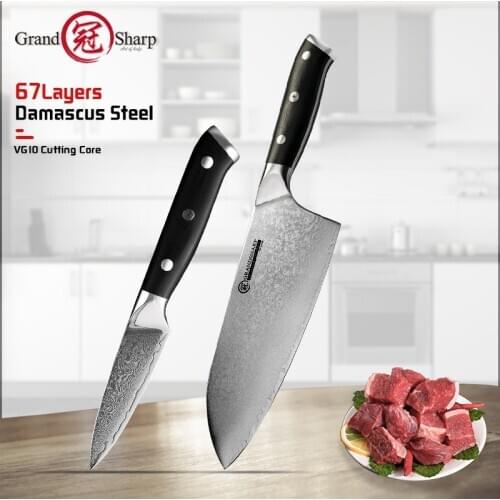 Grandsharp 2 Pcs Kitchen Knife Set Cleaver Paring Damascus Kitchen Knives 67 Layer VG10 Japanese Damascus Steel Slicing Cooking