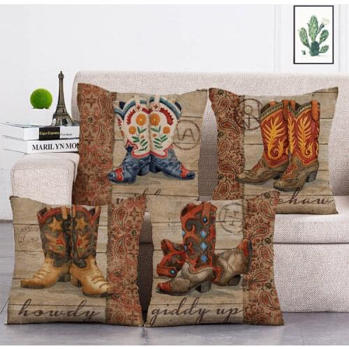 Cowboy Shoes Hat Pattern Cotton Linen Throw Pillow Cushion Cover Home Decoration Sofa Bed Decor Decorative Pillowcase T140