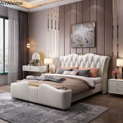 Italian Luxury Genuine Leather Bed Tufted Queen Headboard Bedroom Furniture