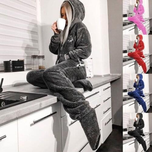 Jumpsuit Women Flannel Long Sleeve Jump Suits for Woman Homewear Pajamas Romers Solid Color Ladies Hooded Jumpsuits Outfits