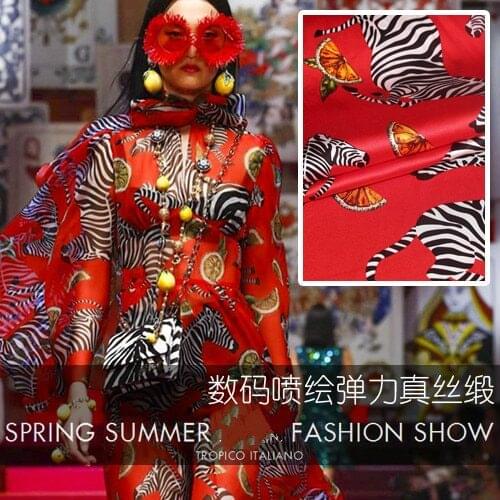 Lemon And Zebra Digital Inkjet Stretch Silk Satin Fabric 20mm Drape Shirt Dress Silk Stretch Fabric Satin Wholesale Silk Cloths